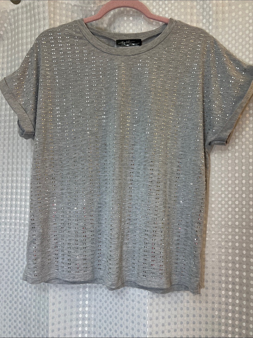 Sparkling Ontwelfth Heather Gray Cotton Tee w/27 Dble Column Mirrored Jewels